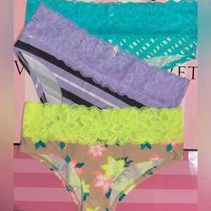 3 Victoria’s Secret Pink Panties bundle cotton PINK lace hipster neon striped